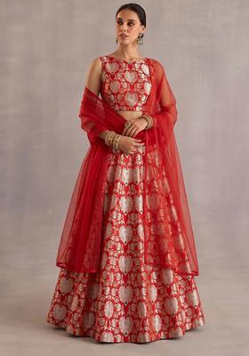 Red Zari Silk Blend Lehenga Set
