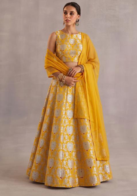 Mustard Yellow Zari Silk Lehenga Set