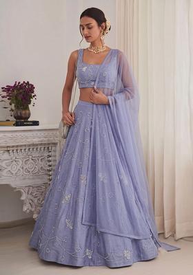 Prewinkle Blue Embroidered Chanderi Lehenga Set