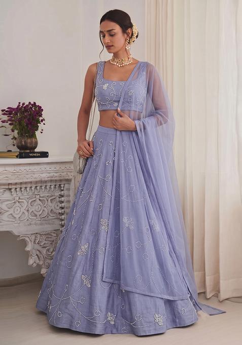Prewinkle Blue Embroidered Chanderi Lehenga Set