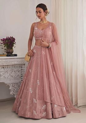 Rose Pink Embroidered Chanderi Lehenga Set