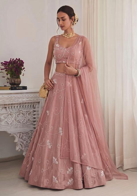Rose Pink Embroidered Chanderi Lehenga Set