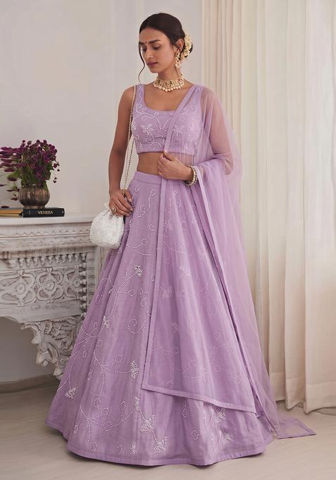 Lavender Embroidered Chanderi Lehenga Set