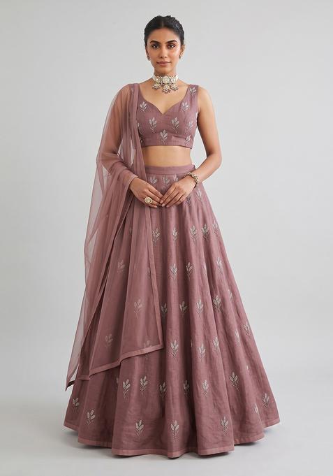 Mauve Embroidered Chanderi Lehenga Set