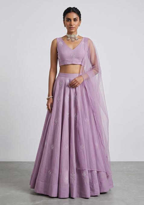 Lavender Embroidered Chanderi Lehenga Set