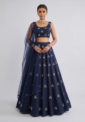 Navy Blue Embroidered Chanderi Lehenga Set