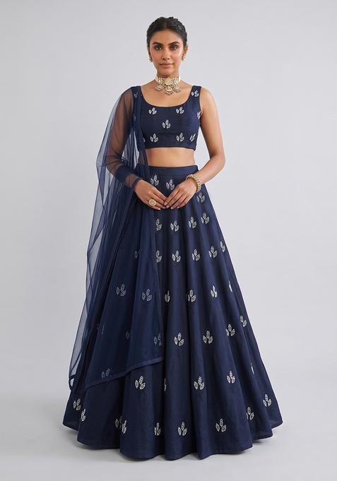 Navy Blue Embroidered Chanderi Lehenga Set