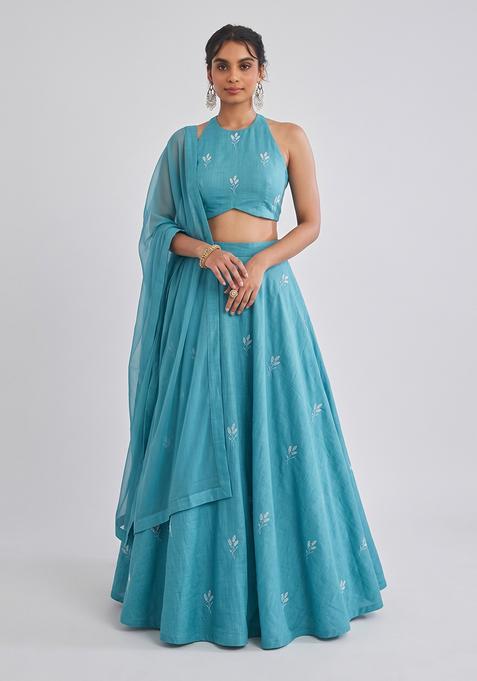 Teal Blue Embroidered Chanderi Lehenga Set