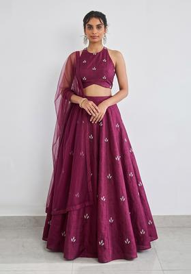 Wine Embroidered Chanderi Lehenga Set
