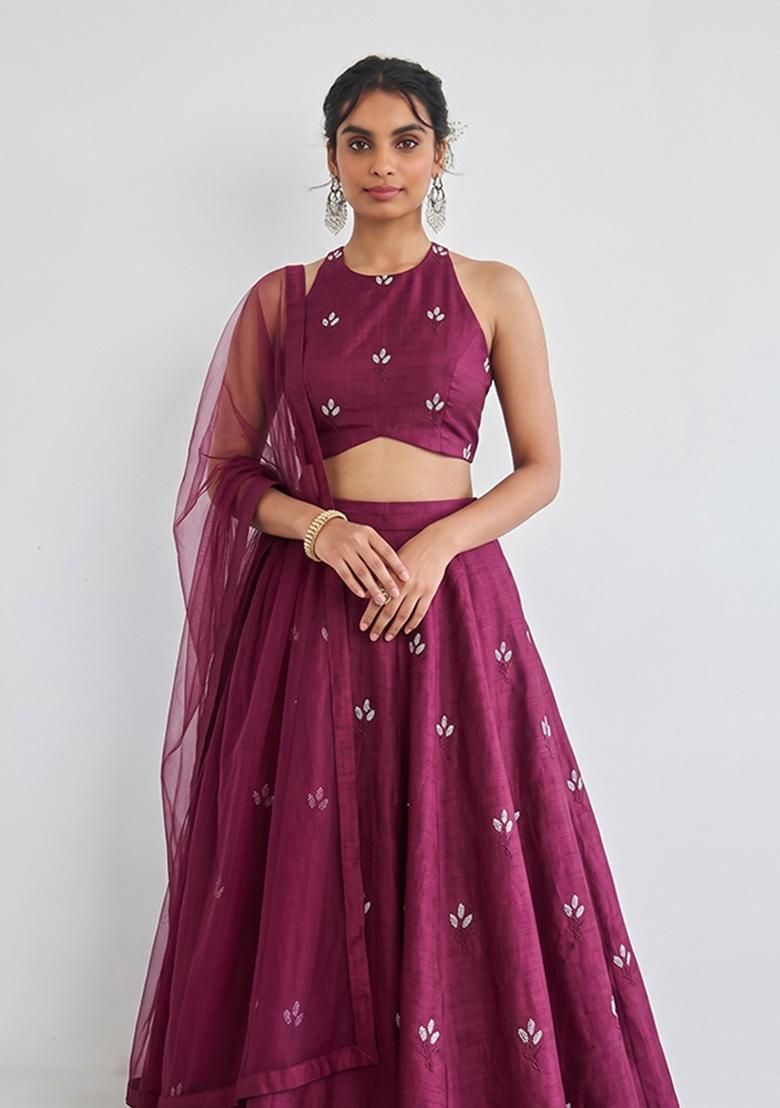 Wine Embroidered Chanderi Lehenga Set - Indya