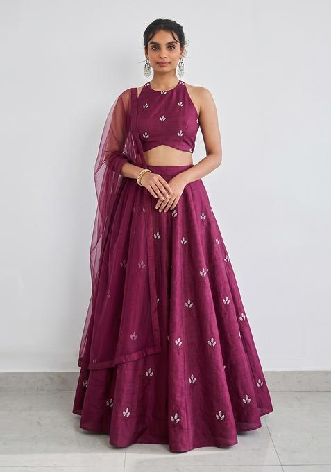 Wine Embroidered Chanderi Lehenga Set