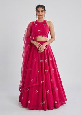 Magenta Pink Embroidered Chanderi Lehenga Set