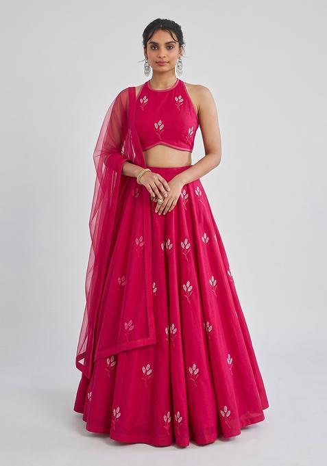 Magenta Pink Embroidered Chanderi Lehenga Set