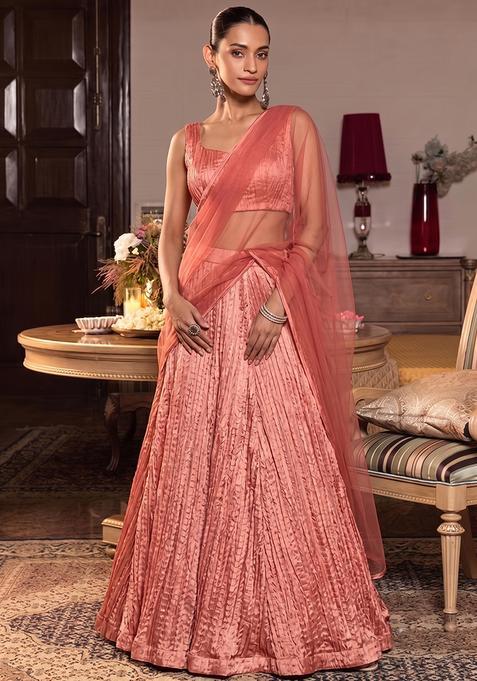 Peach Pink Plated Organza Lehenga Set