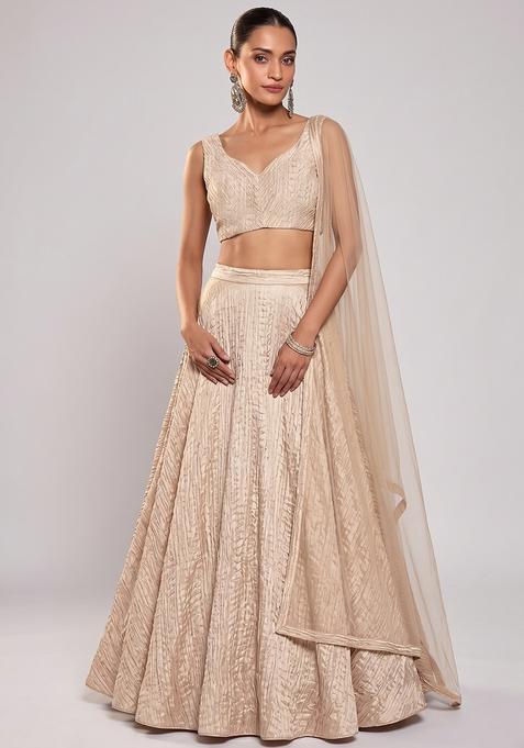 Champagne Beige Plated Organza Lehenga Set