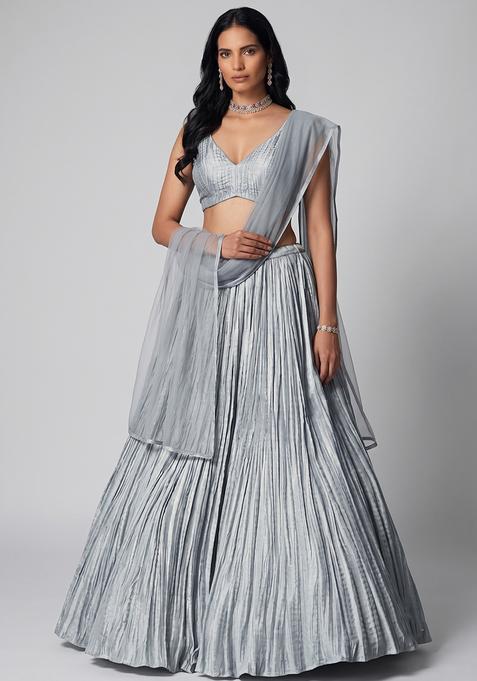 Silver Grey Plated Organza Lehenga Set