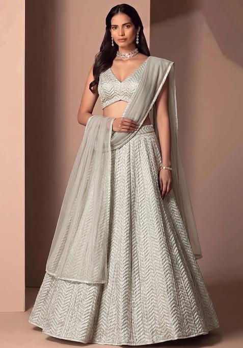 Off-White Plated Organza Lehenga Set