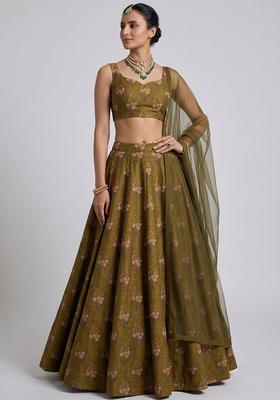 Olive Green Printed Satin Lehenga Set