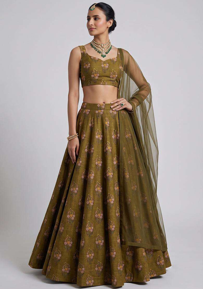 Olive Green Printed Satin Lehenga Set - Indya