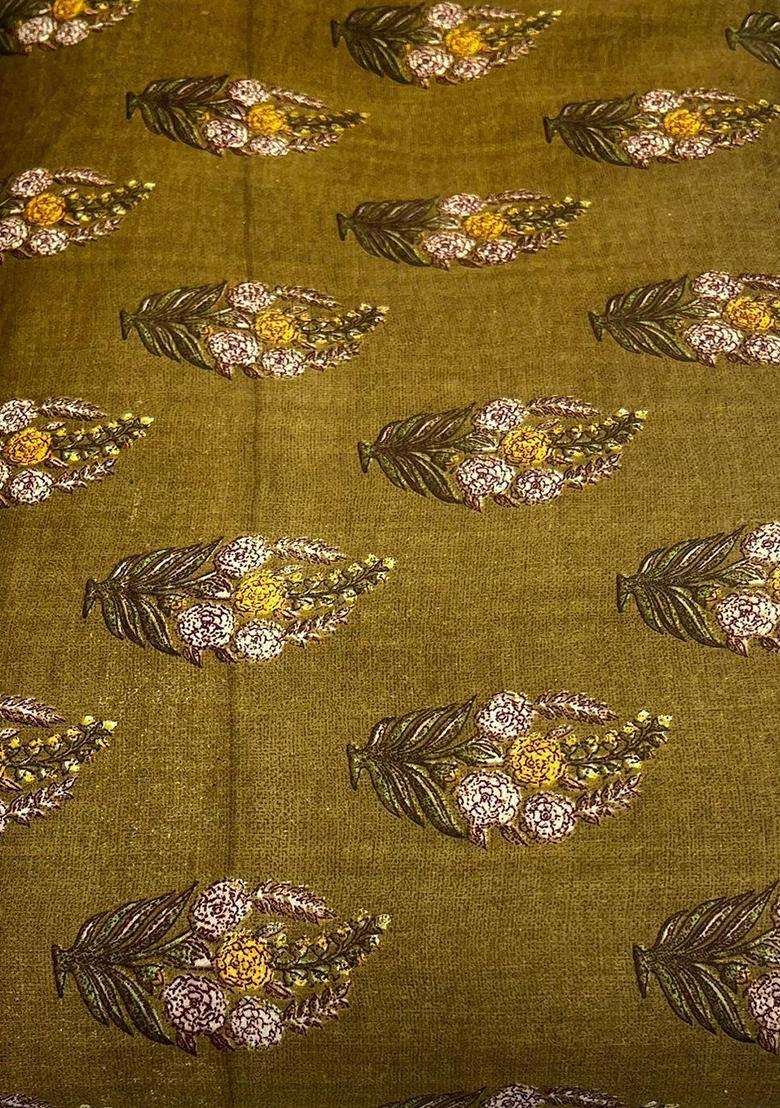 Olive Green Printed Satin Lehenga Set - Indya