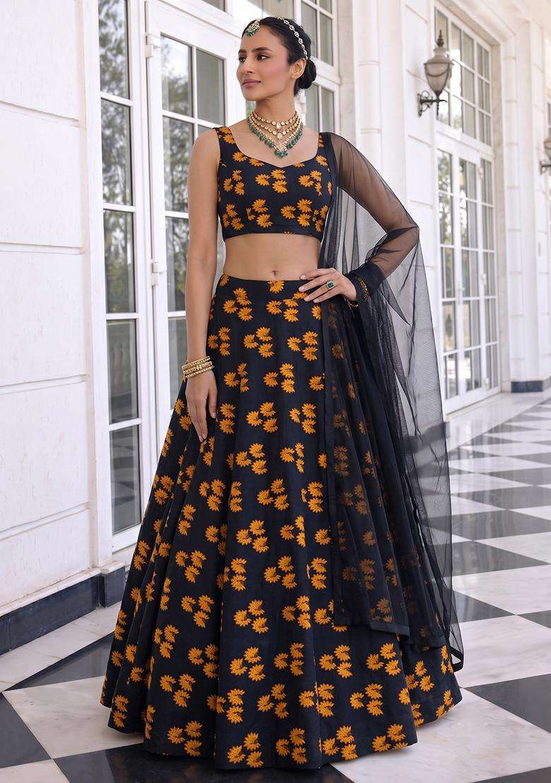 Jet Black Printed Satin Lehenga Set - Indya