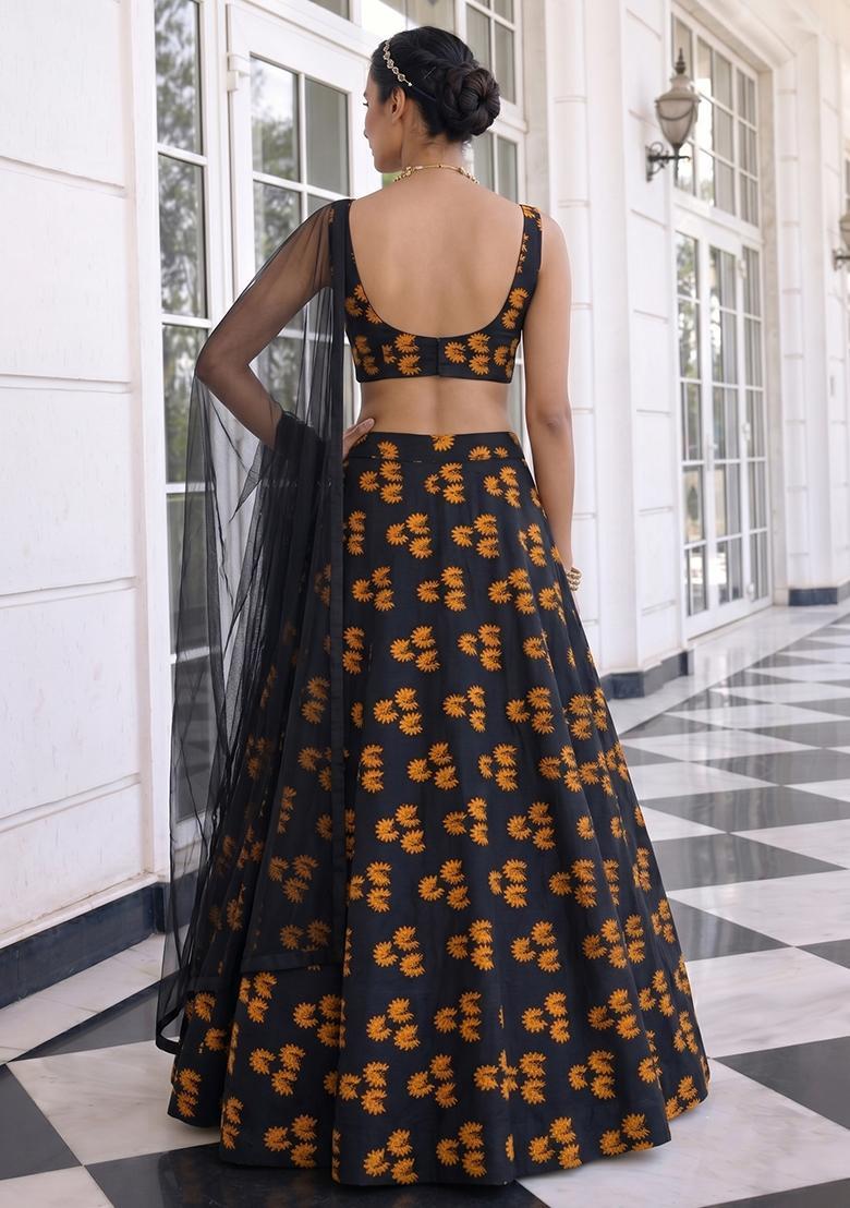 Jet Black Printed Satin Lehenga Set - Indya