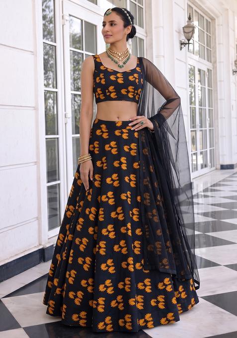 Jet Black Printed Satin Lehenga Set