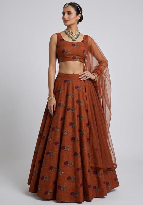 Rust Brown Printed Satin Lehenga Set