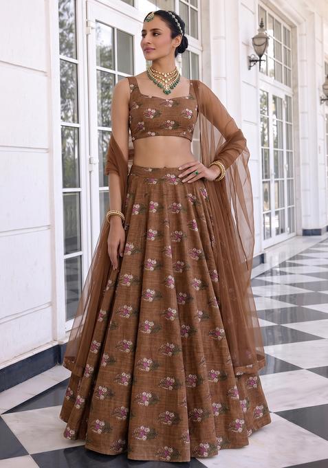 Brown Printed Satin Lehenga Set