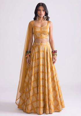 Mustard Yellow Printed Organza Lehenga Set