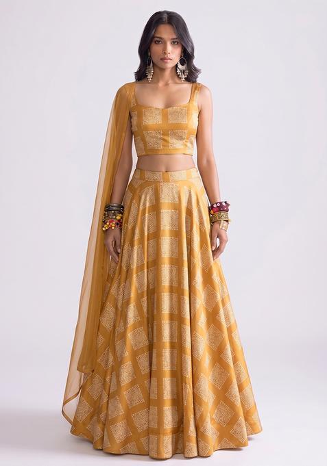 Mustard Yellow Printed Organza Lehenga Set