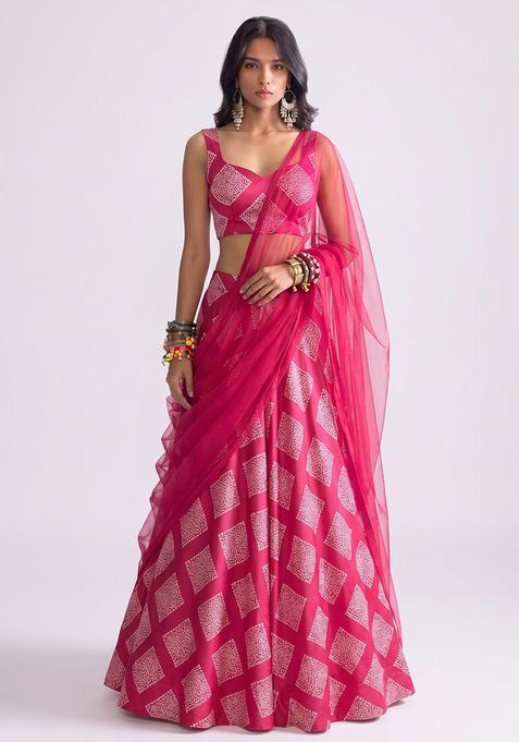 Magenta Pink Printed Organza Lehenga Set
