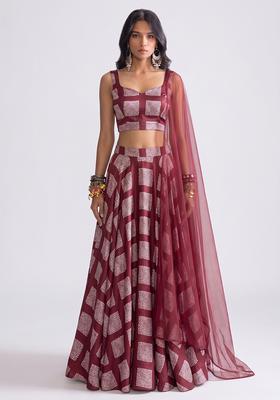 Maroon Printed Organza Lehenga Set