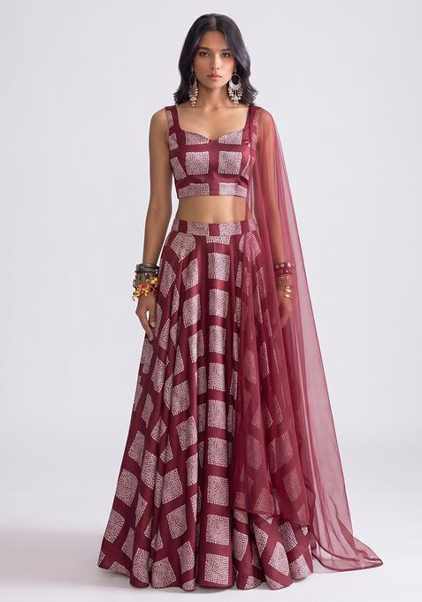Maroon Printed Organza Lehenga Set