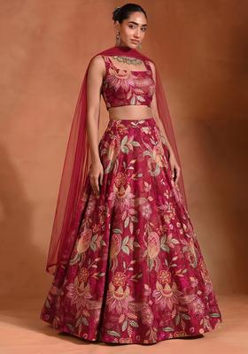 Red Embroidered Cosmos Lehenga Set