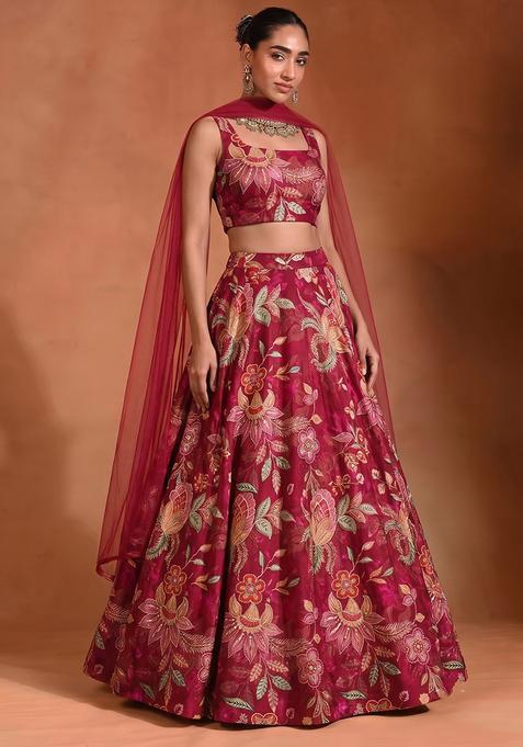 Red Embroidered Cosmos Lehenga Set