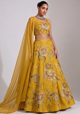 Mustard Yellow Embroidered Cosmos Lehenga Set