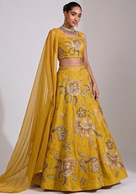 Mustard Yellow Embroidered Cosmos Lehenga Set