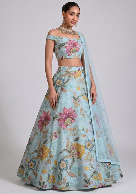 Light Blue Embroidered Cosmos Lehenga Set