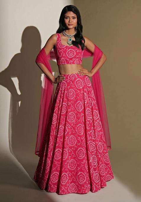 Pink Printed Chanderi Lehenga Set