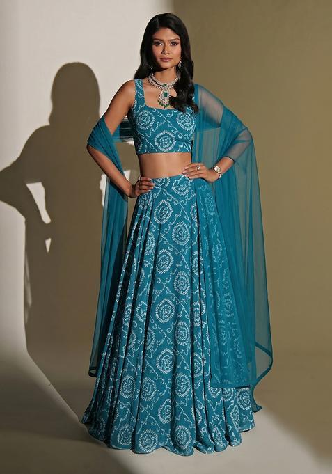 Teal Blue Printed Chanderi Lehenga Set