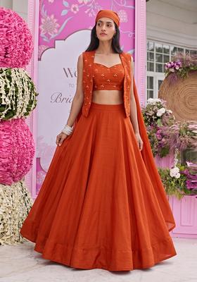 Rust Orange Embroidered Chanderi Lehenga Set