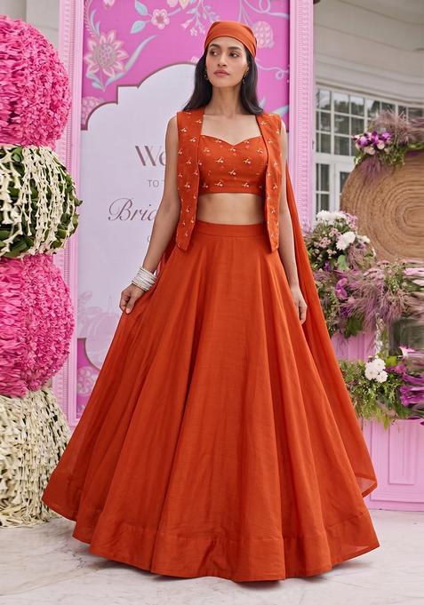 Rust Orange Embroidered Chanderi Lehenga Set