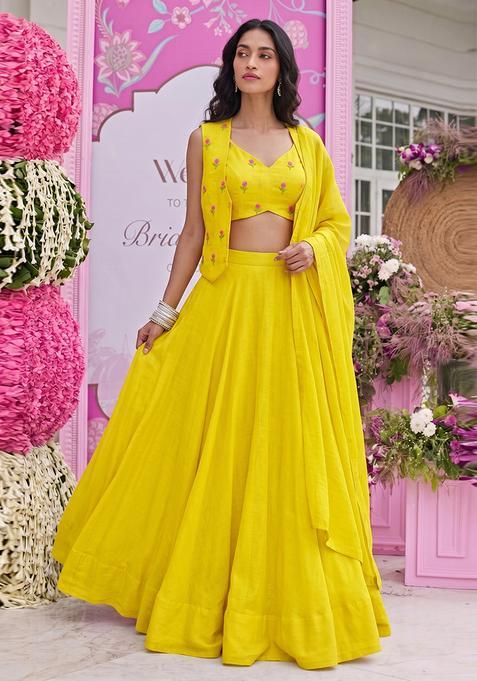 Bright Yellow Embroidered Chanderi Lehenga Set