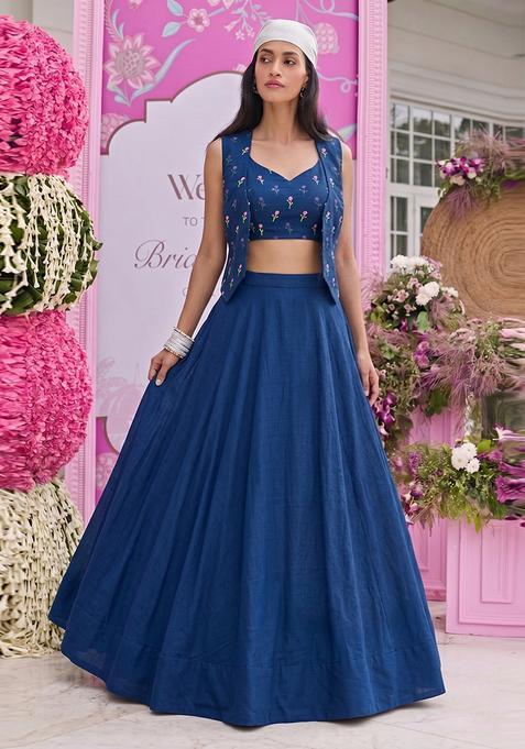 Dark Blue Embroidered Chanderi Lehenga Set
