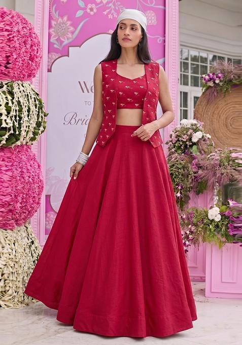 Dark Red Embroidered Chanderi Lehenga Set