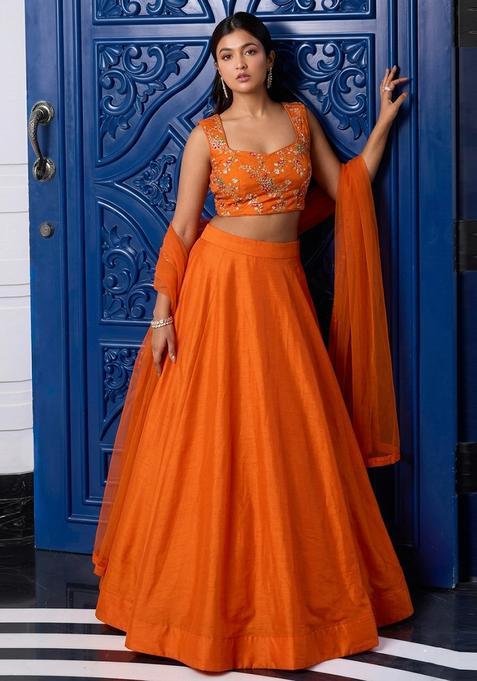 Bright Orange Embroidered Crepe Lehenga Set