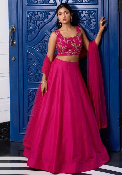 Pink Embroidered Crepe Lehenga Set