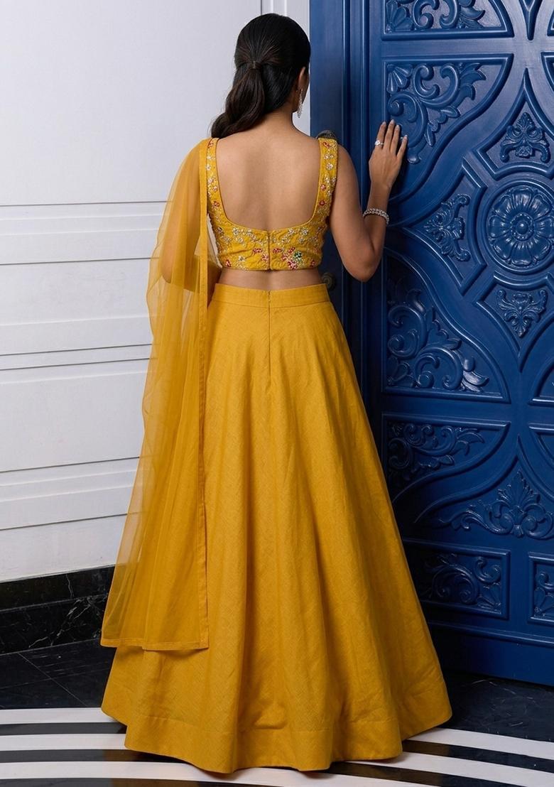 Mustard Embroidered Lehenga Set - Indya