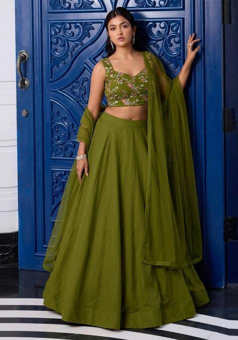 Olive Green Embroidered Crepe Lehenga Set